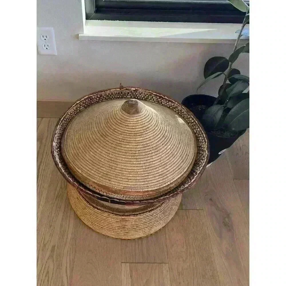 Antique Large woven basket With Lid Reversible Pointed Coil Cone Leather Piping